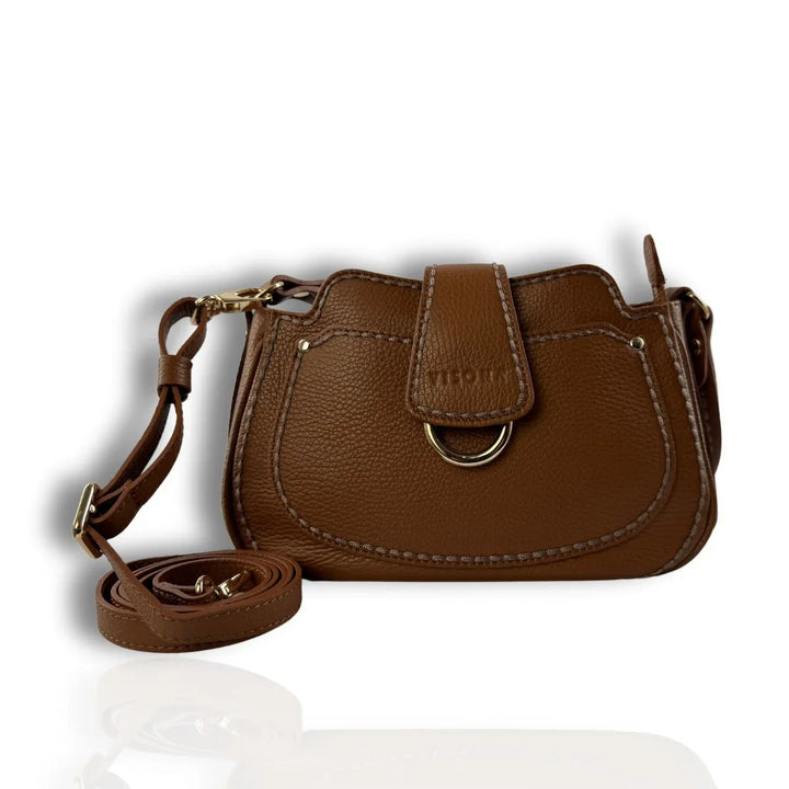 Voorkant met schouderriem van de Plinio Visona 2500 leren schoudertas cognac #kleur_cognac