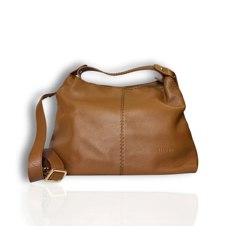 Voorkant met schouderriem van de Plinio Visona 23581 leren shopper cognac #kleur_cognac