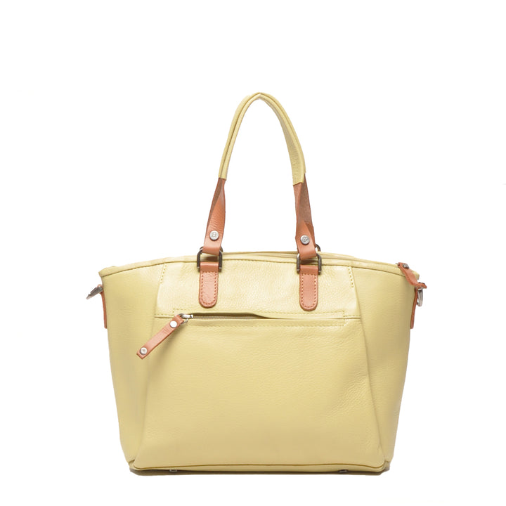 Achterkant van de Berba leren handtas in de kleur banana #kleur_banana