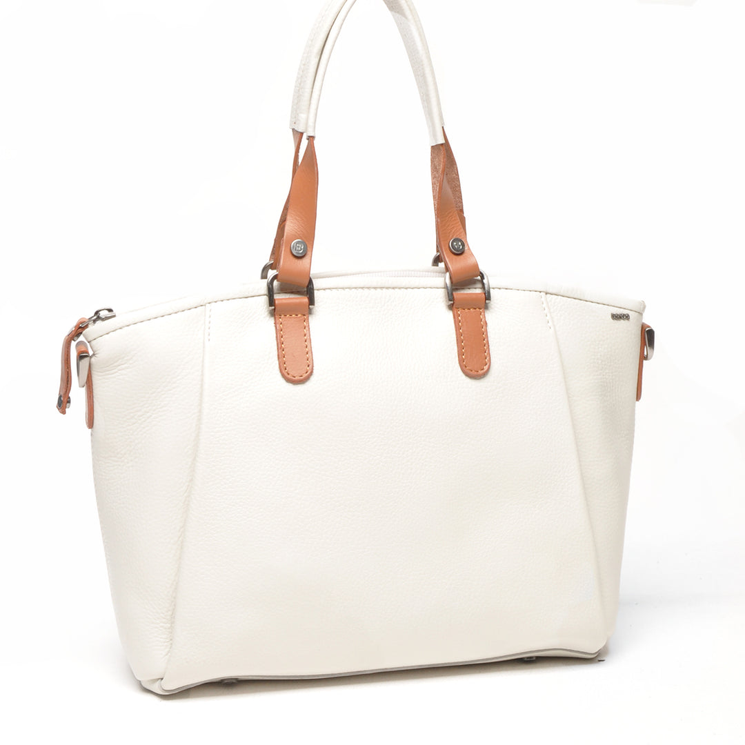 Voorkant van de Berba leren handtas in de kleur pebble #kleur_pebble