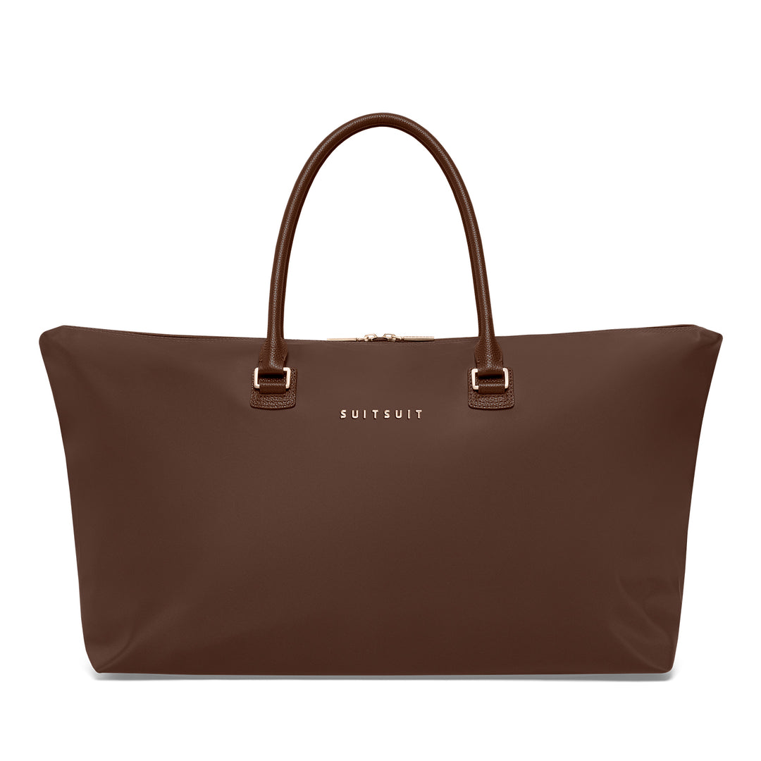 Voorkant van de Serenity travel tote in chocolade #kleur_chocolade