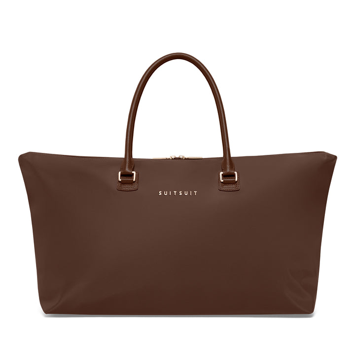 Voorkant van de Serenity travel tote in chocolade #kleur_chocolade