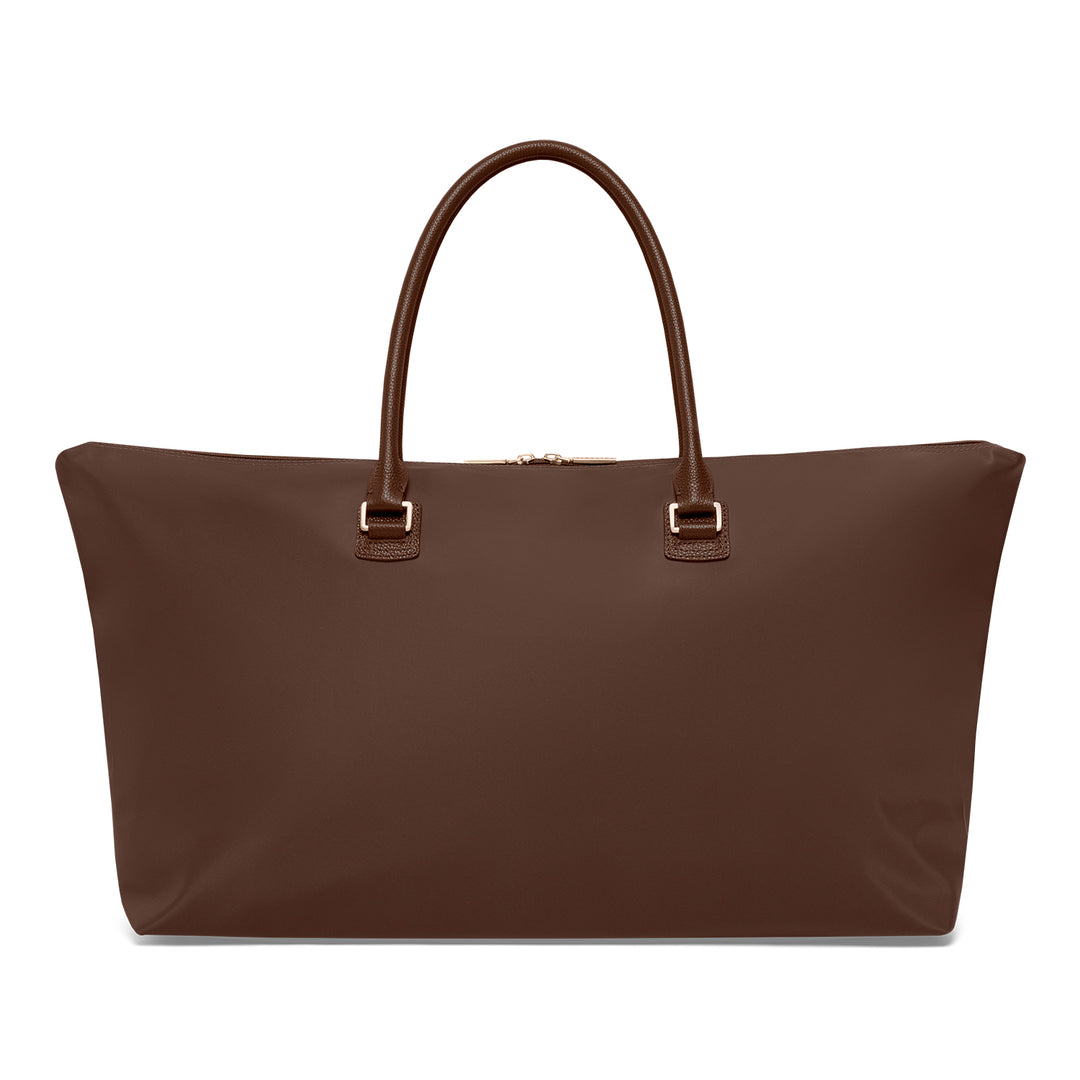 Achterkant van de Serenity travel tote in chocolade #kleur_chocolade