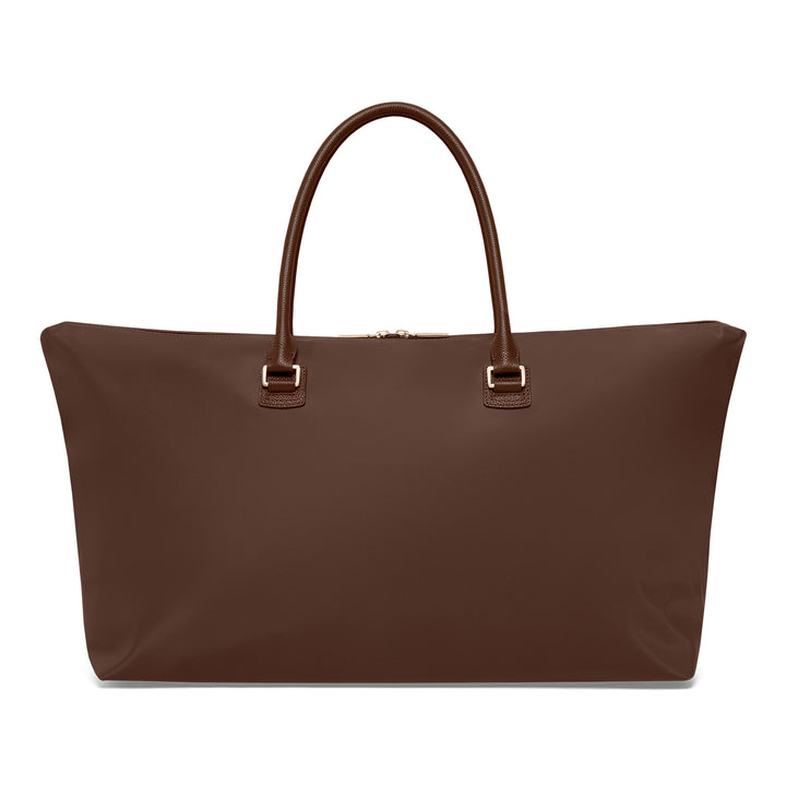 Achterkant van de Serenity travel tote in chocolade #kleur_chocolade