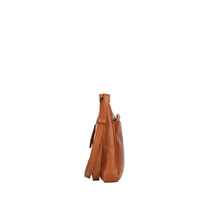 Zijkant Bellicci Cecillia crossover tas #kleur_cognac