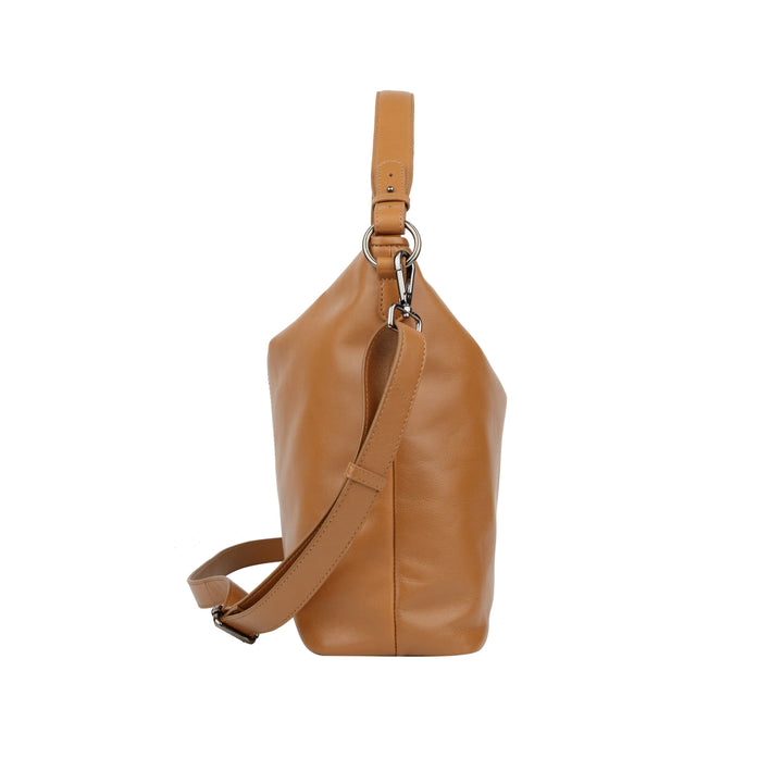 Zijkant Bellicci peggy hobo schoudertas #kleur_cognac