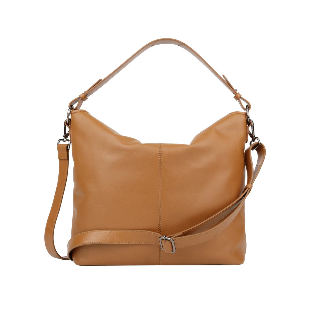 Voorkant met schouderriem Bellicci peggy hobo schoudertas #kleur_cognac