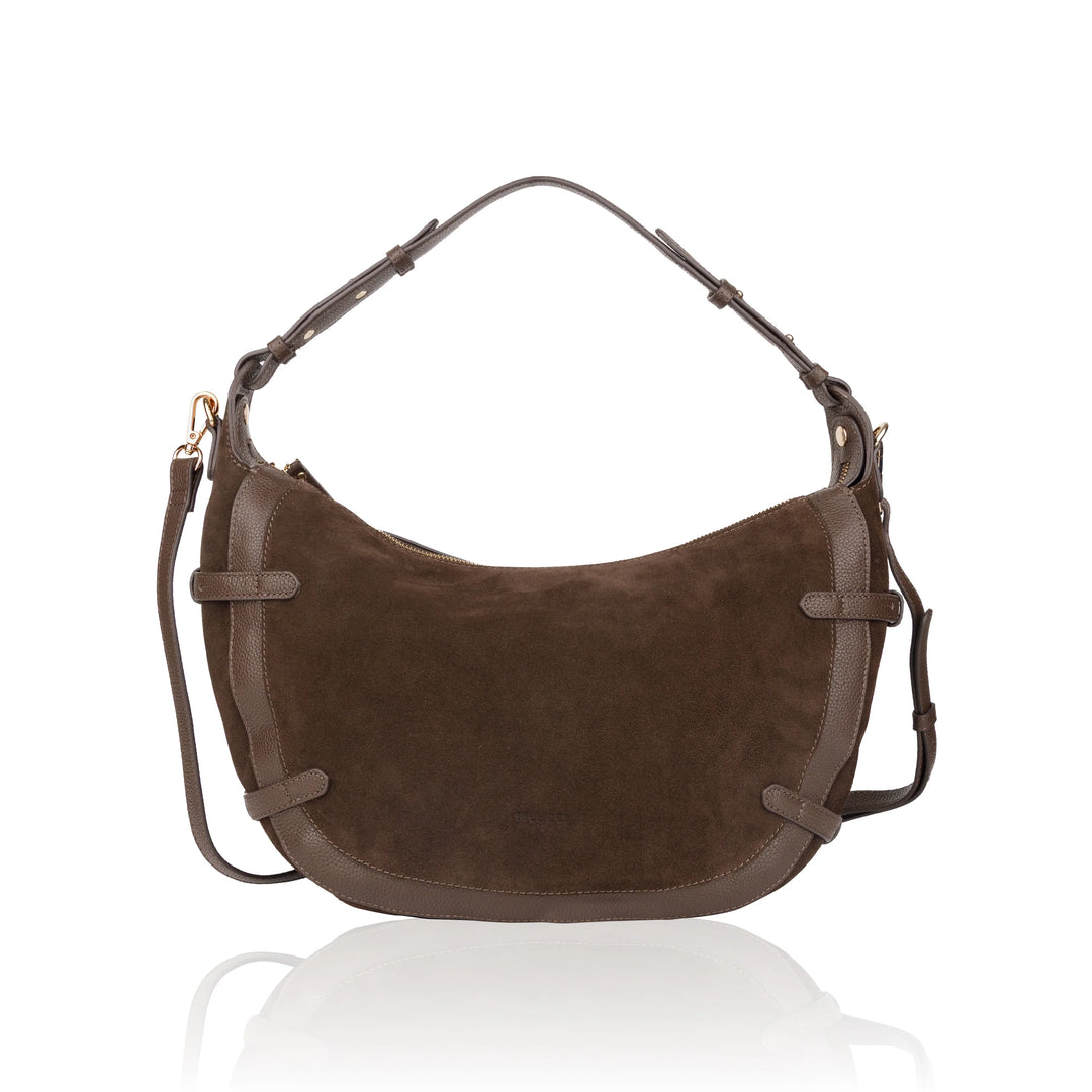 Voorkant van de Bellicci Raviera suede schoudertas #kleur_chocolade