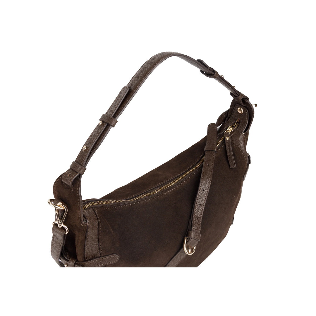 Bovenkant van de Bellicci Raviera suede schoudertas #kleur_chocolade