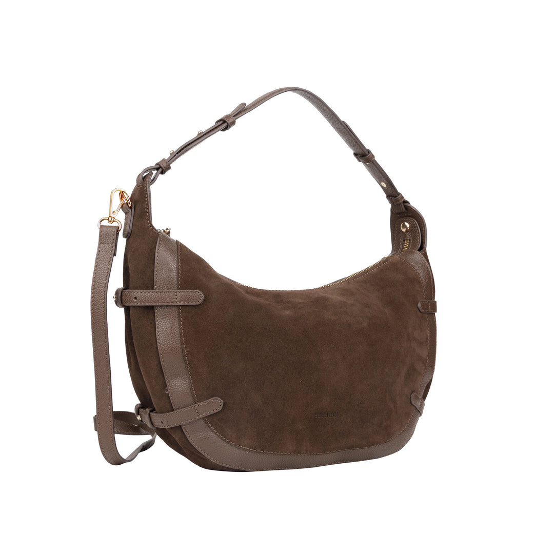 Voorzijde Bellicci Raviera suede schoudertas #kleur_chocolade
