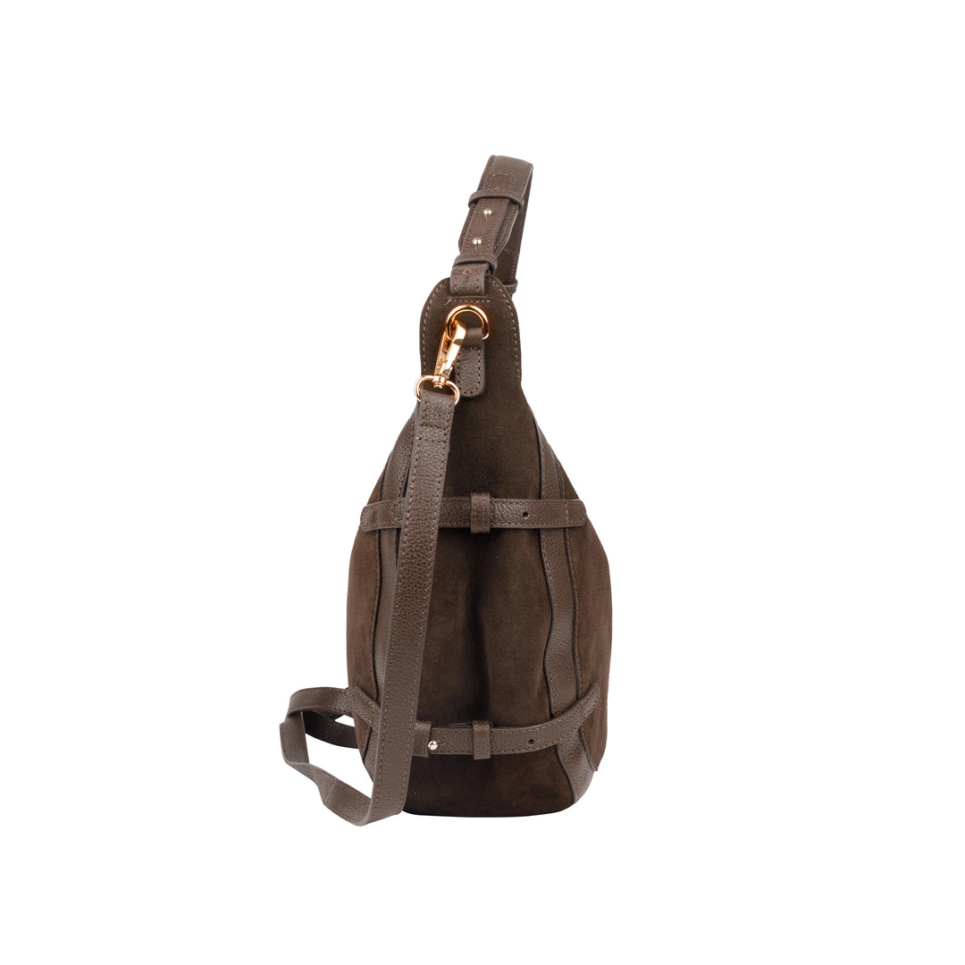 Zijkant Bellicci Raviera suede schoudertas #kleur_chocolade