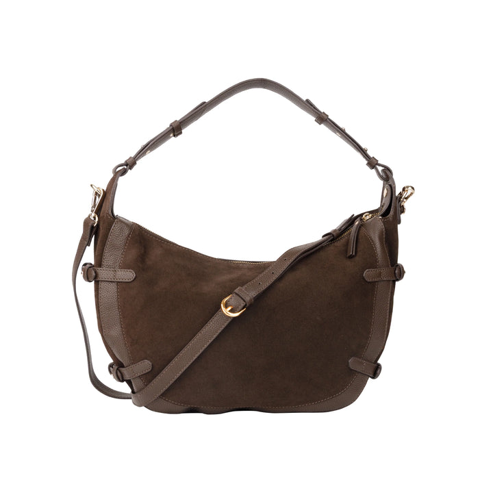Voorkant met schouderriem Bellicci Raviera suede schoudertas #kleur_chocolade