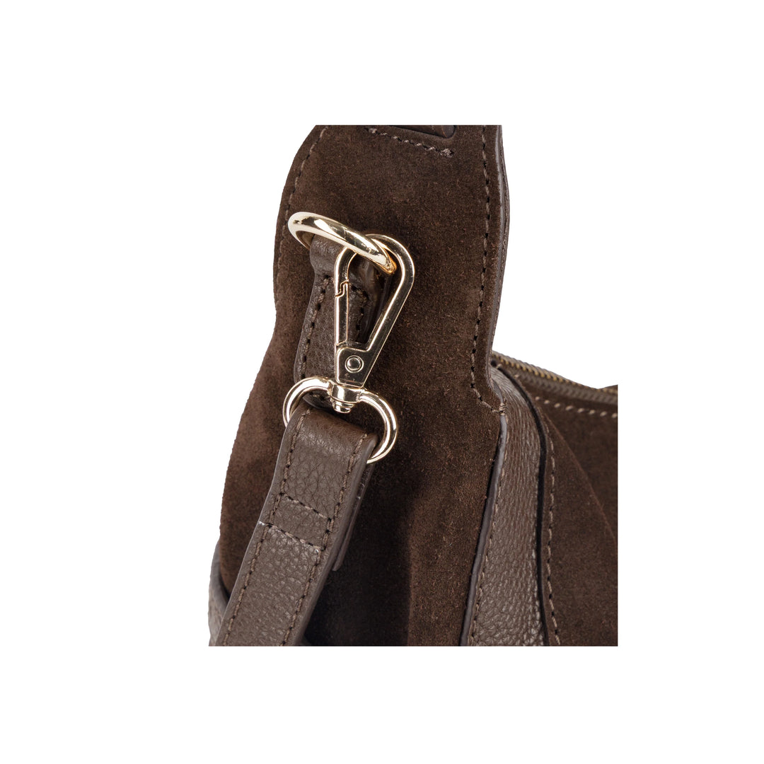 Details van de Bellicci Raviera suede schoudertas #kleur_chocolade