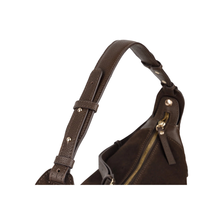 Bovenkant van de Bellicci Raviera suede schoudertas #kleur_chocolade