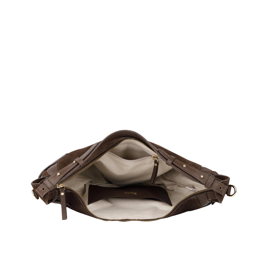 Binnenkant van de Bellicci Raviera suede schoudertas #kleur_chocolade