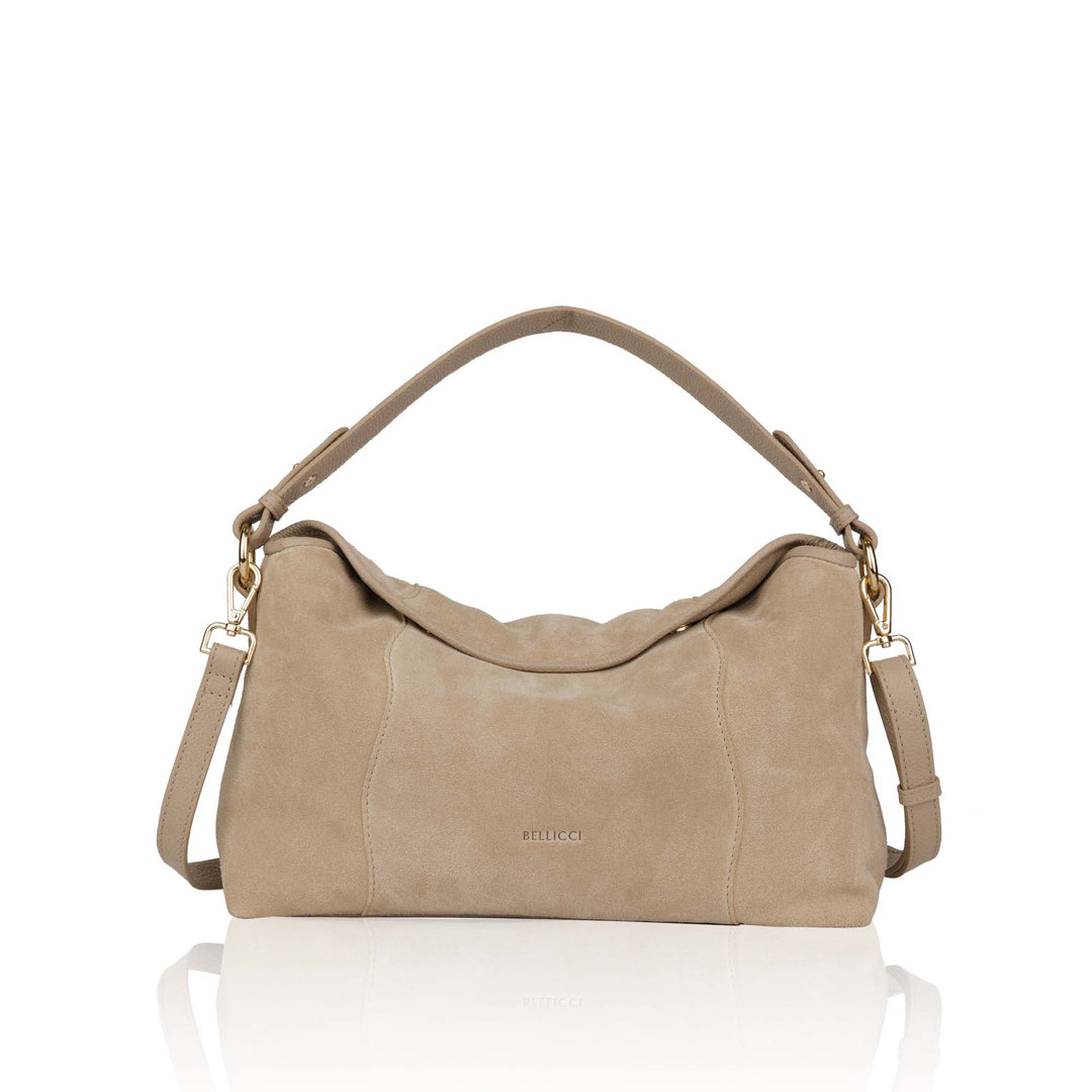 Voorkant Bellicci Raya beige suede schoudertas #kleur_beige