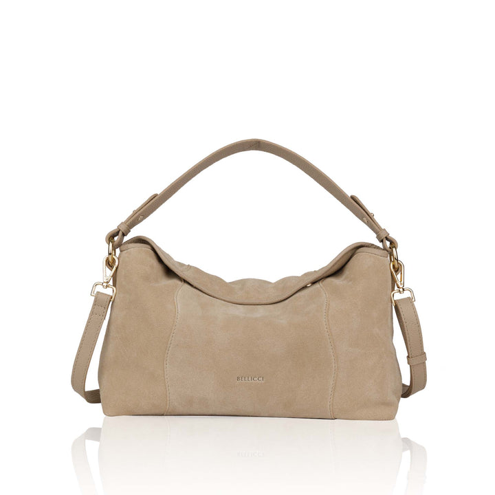 Voorkant Bellicci Raya beige suede schoudertas #kleur_beige