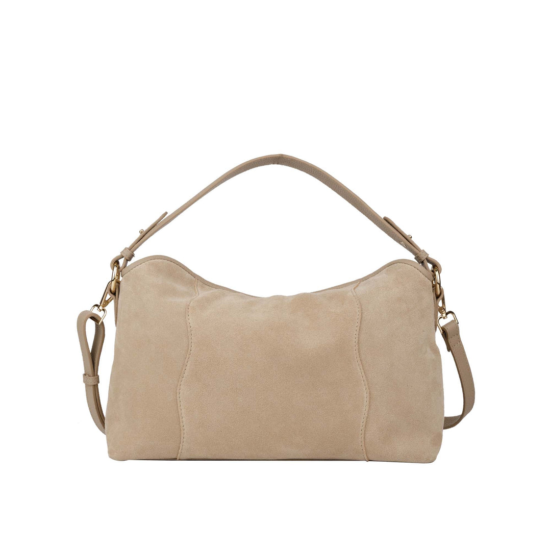 Voorkant Bellicci Raya beige suede schoudertas #kleur_beige