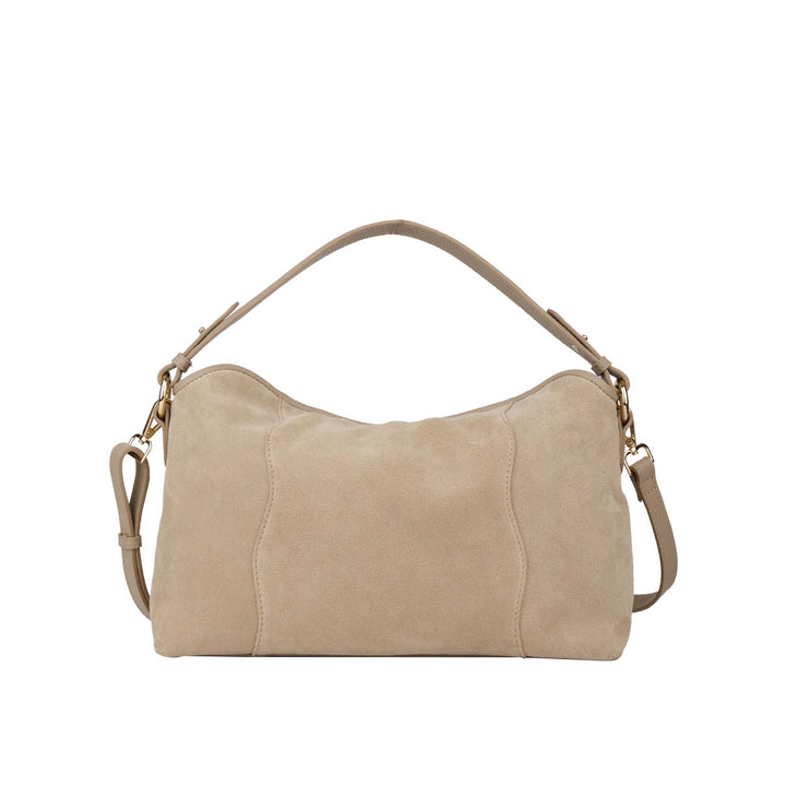 Voorkant Bellicci Raya beige suede schoudertas #kleur_beige