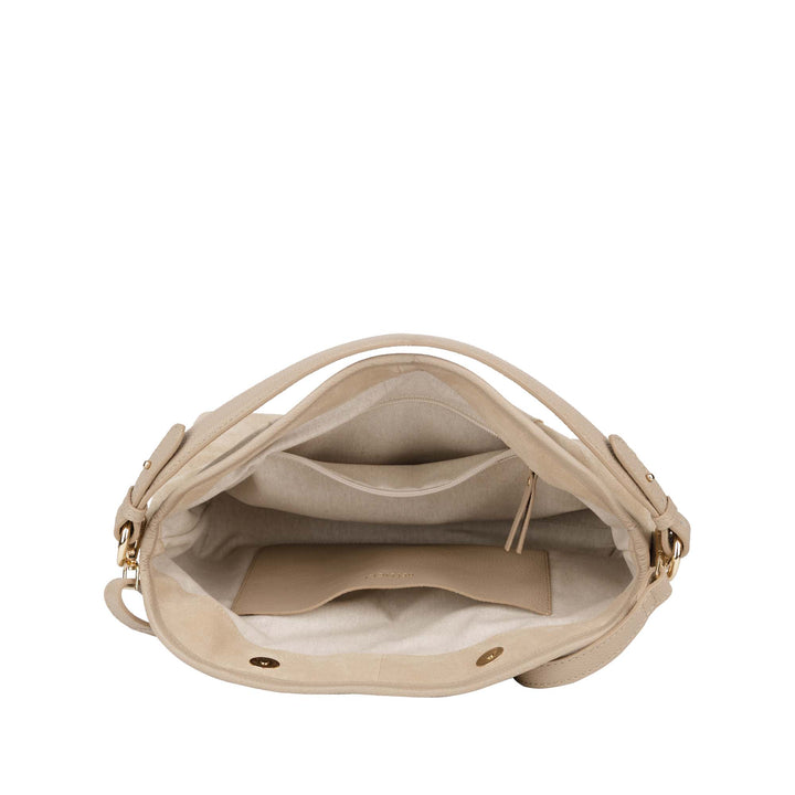 Binnenkant Bellicci Raya beige suede schoudertas #kleur_beige