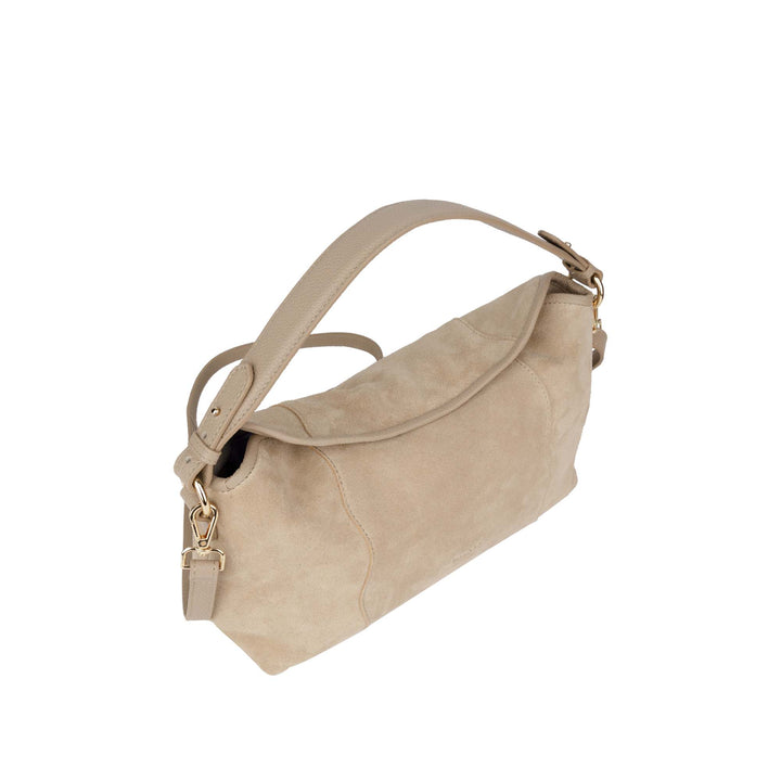 Bovenkant Bellicci Raya beige suede schoudertas #kleur_beige