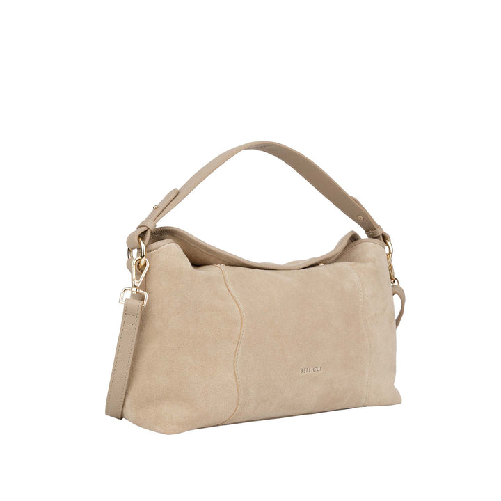 Voorzijde Bellicci Raya beige suede schoudertas #kleur_beige