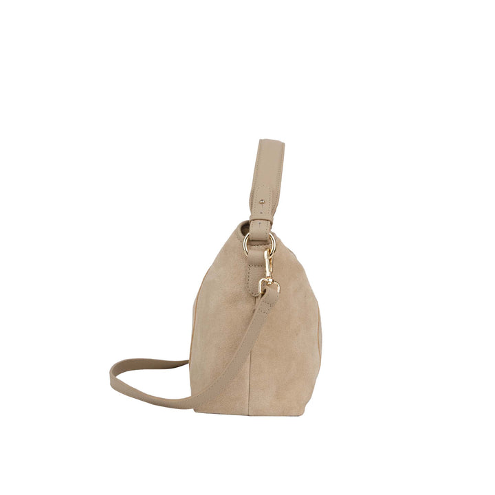 Zijkant Bellicci Raya beige suede schoudertas #kleur_beige