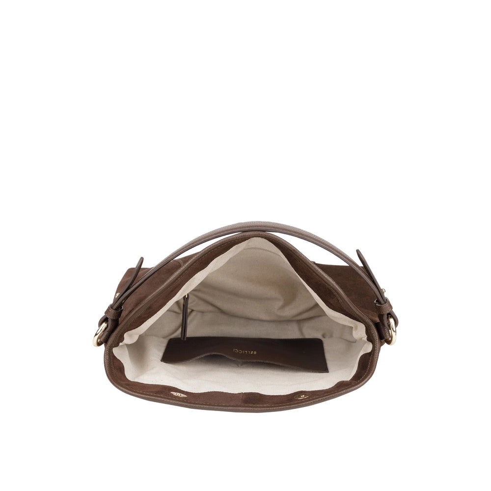 Binnenkant Bellicci Raya chocolade suede schoudertas #kleur_chocolade
