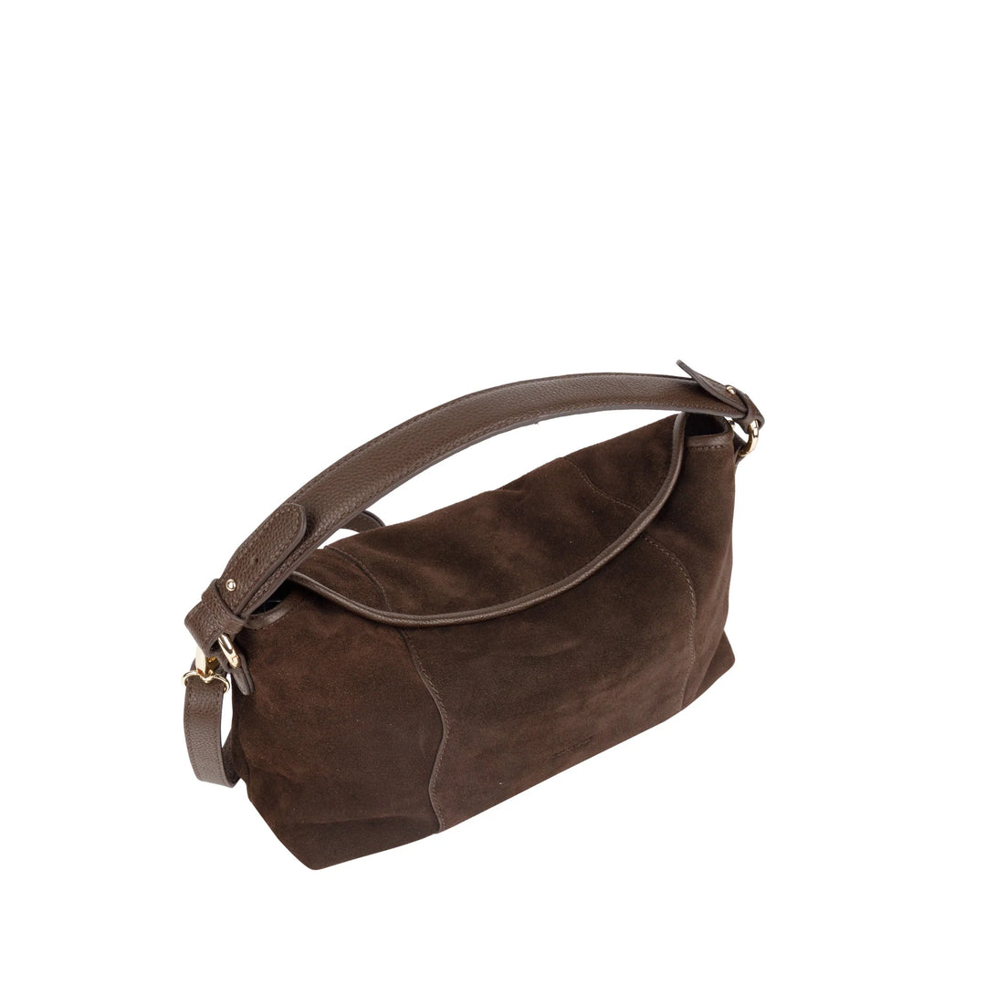 Voorzijde Bellicci Raya chocolade suede schoudertas #kleur_chocolade