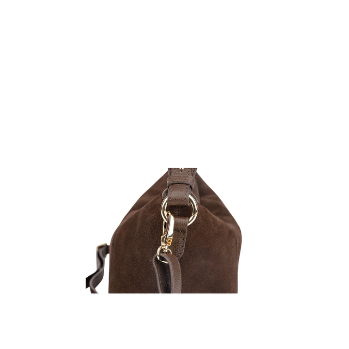 Details Bellicci Raya chocolade suede schoudertas #kleur_chocolade