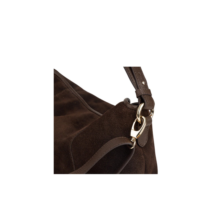Details Bellicci Raya chocolade suede schoudertas #kleur_chocolade