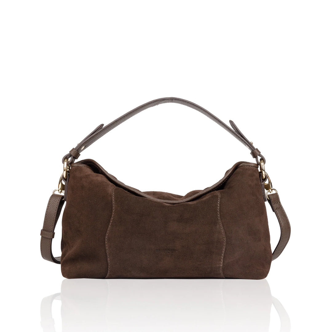 Voorkant Bellicci Raya chocolade suede schoudertas #kleur_chocolade