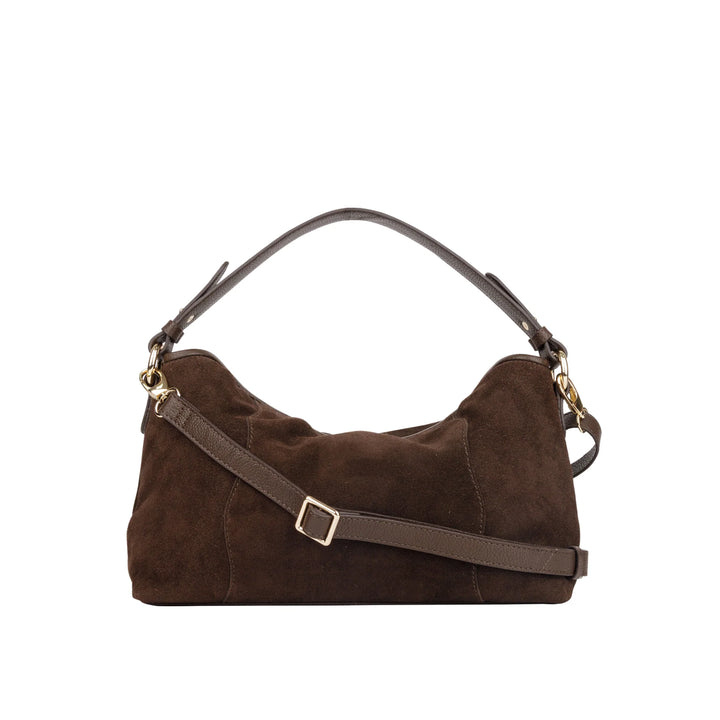 Voorkant met schouderriem Bellicci Raya chocolade suede schoudertas #kleur_chocolade