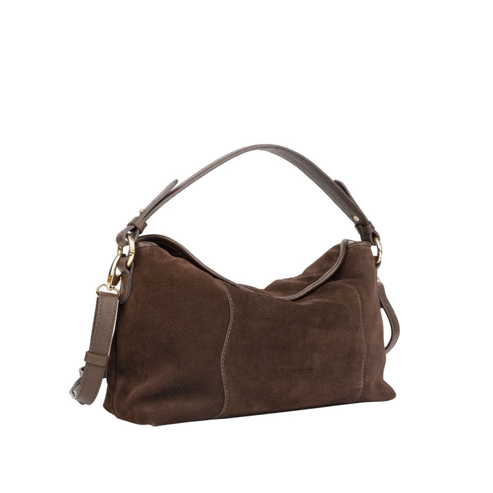 Voorzijde Bellicci Raya chocolade suede schoudertas #kleur_chocolade