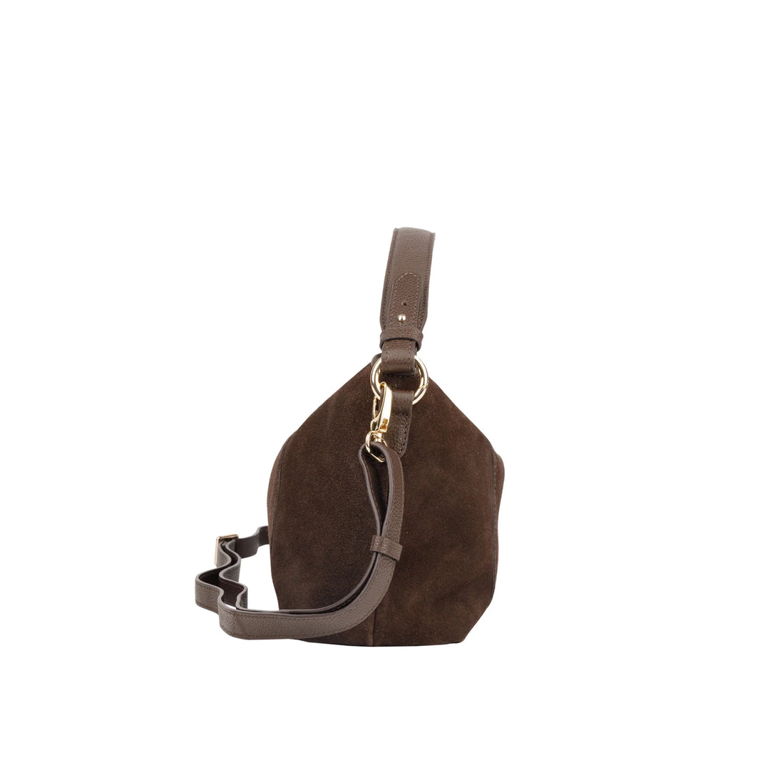 Zijkant Bellicci Raya chocolade suede schoudertas #kleur_chocolade