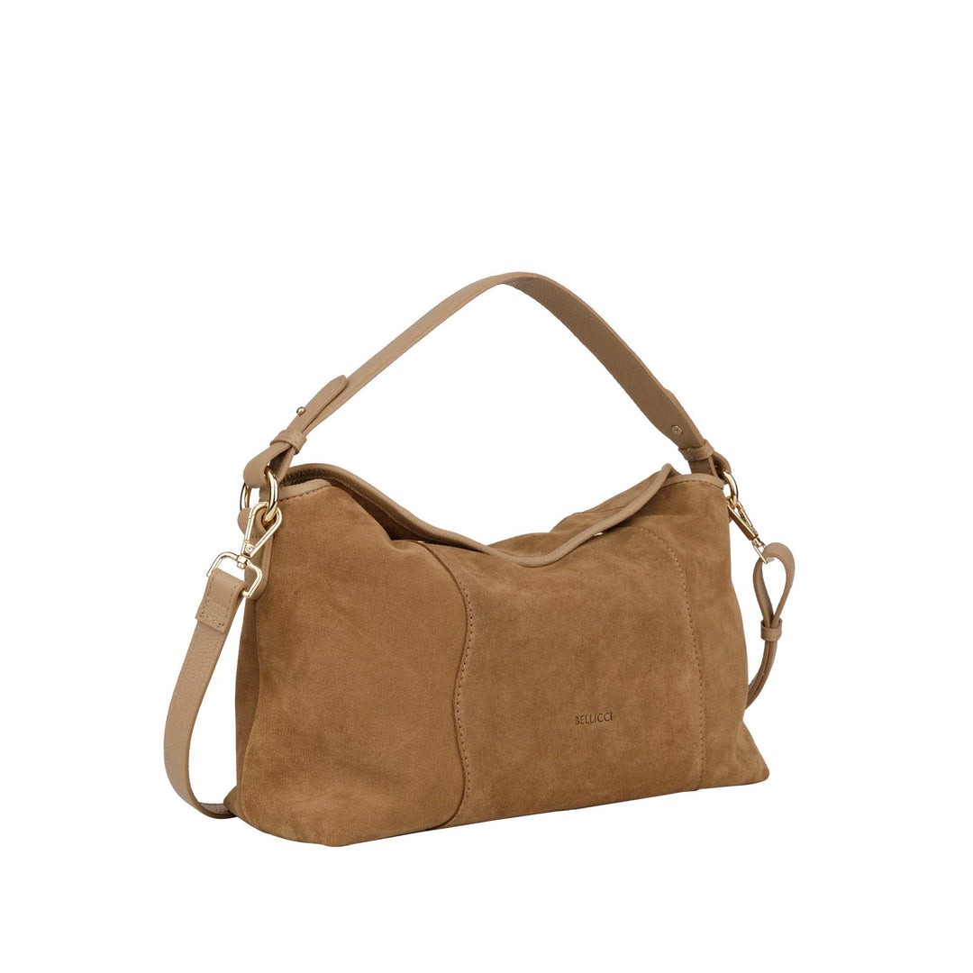 Voorzijde Bellicci Raya mushroom suede schoudertas #kleur_mushroom