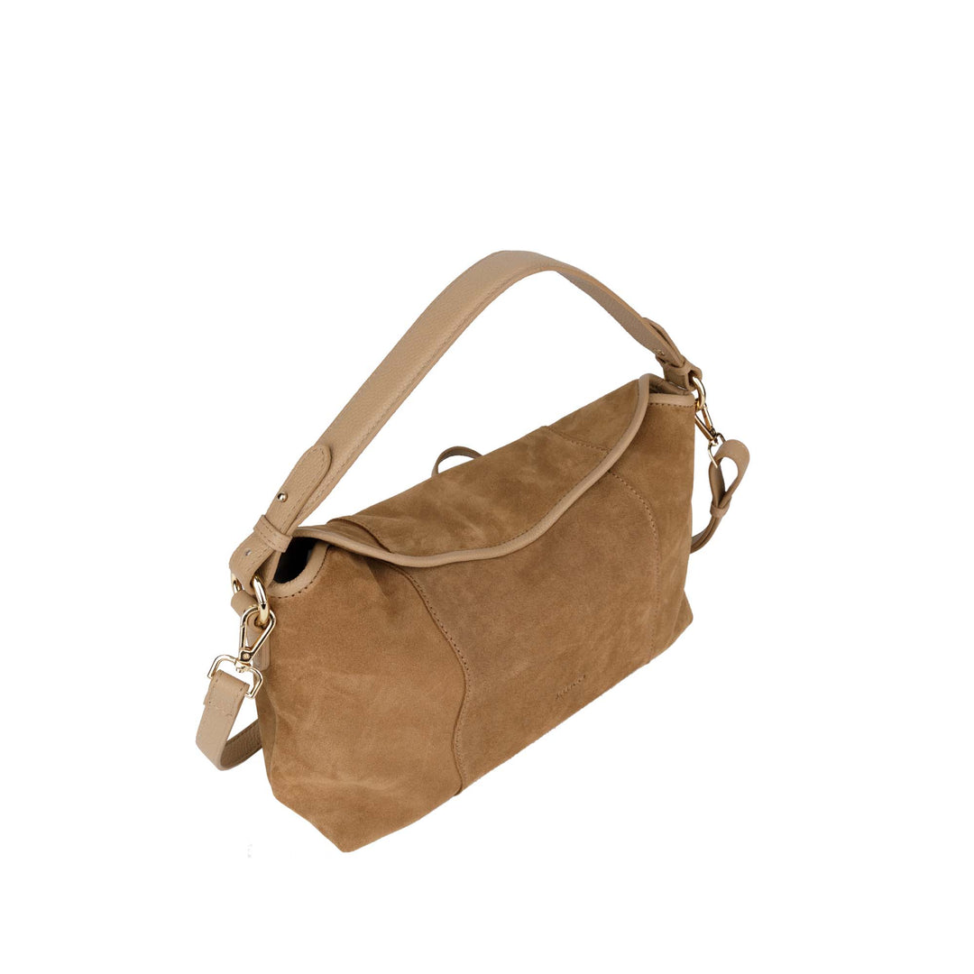 Bovenkant Bellicci Raya mushroom suede schoudertas #kleur_mushroom