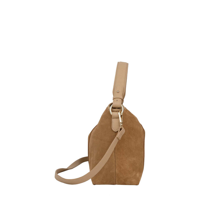 Zijkant Bellicci Raya mushroom suede schoudertas #kleur_mushroom