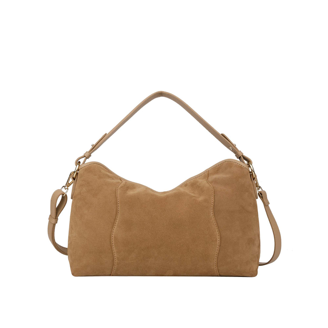 Achterkant Bellicci Raya mushroom suede schoudertas #kleur_mushroom