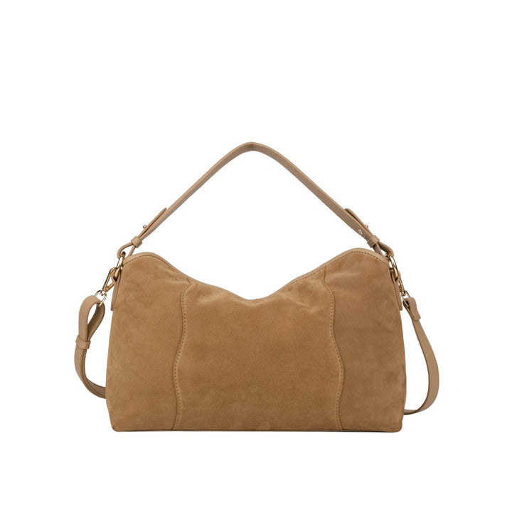 Achterkant Bellicci Raya mushroom suede schoudertas #kleur_mushroom