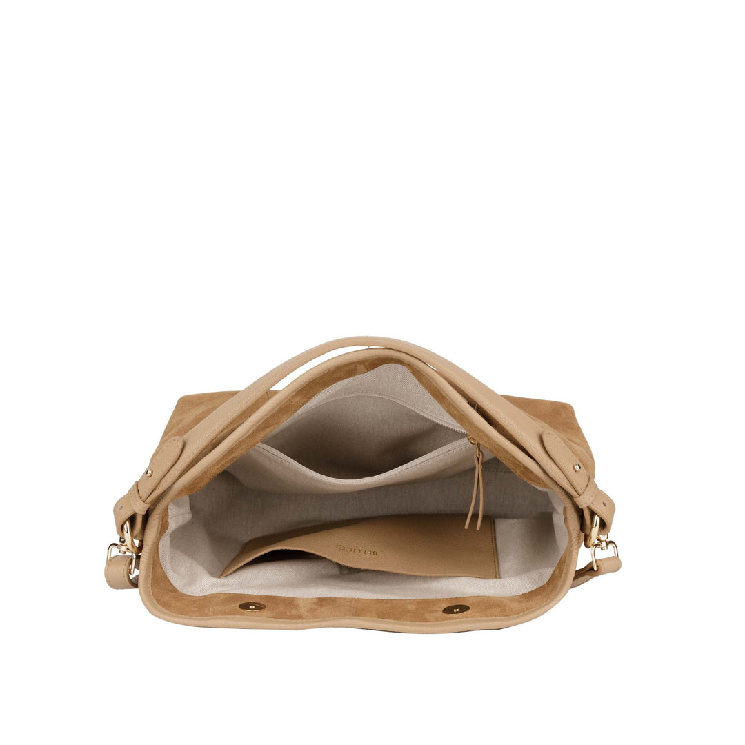 Binnenkant Bellicci Raya mushroom suede schoudertas #kleur_mushroom