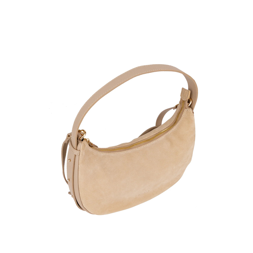 Bovenkant Bellicci Rhea kleine suede schoudertas #kleur_beige
