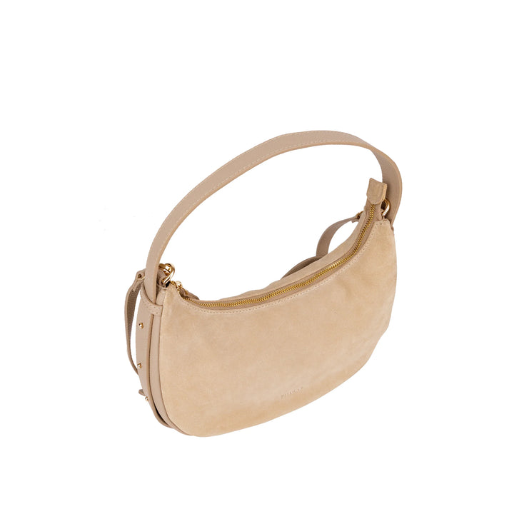 Bovenkant Bellicci Rhea kleine suede schoudertas #kleur_beige