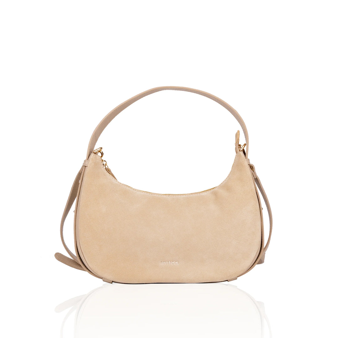 Voorkant Bellicci Rhea kleine suede schoudertas #kleur_beige