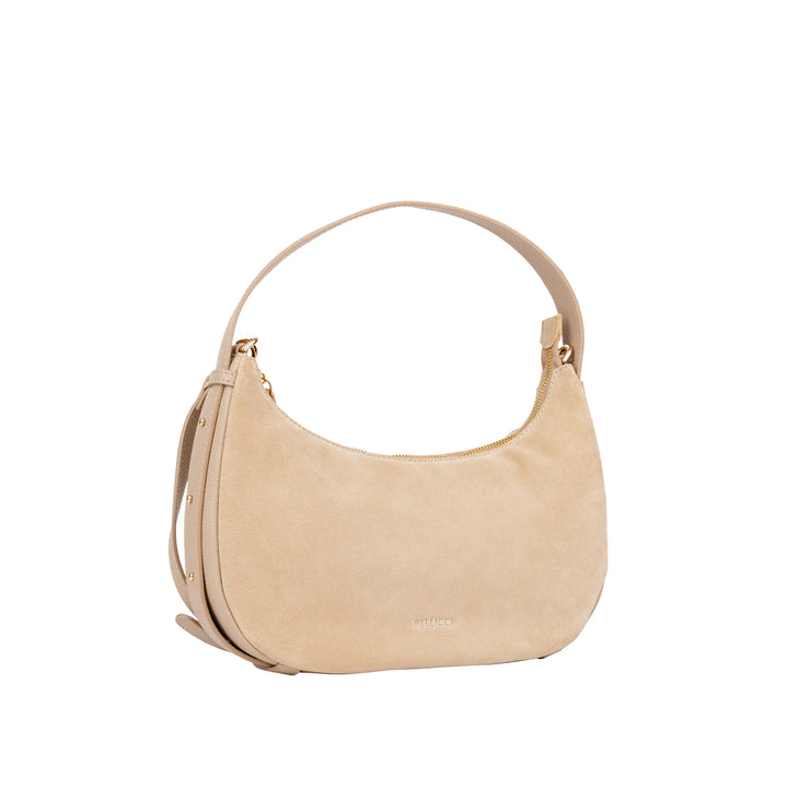 Voorzijde Bellicci Rhea kleine suede schoudertas #kleur_beige