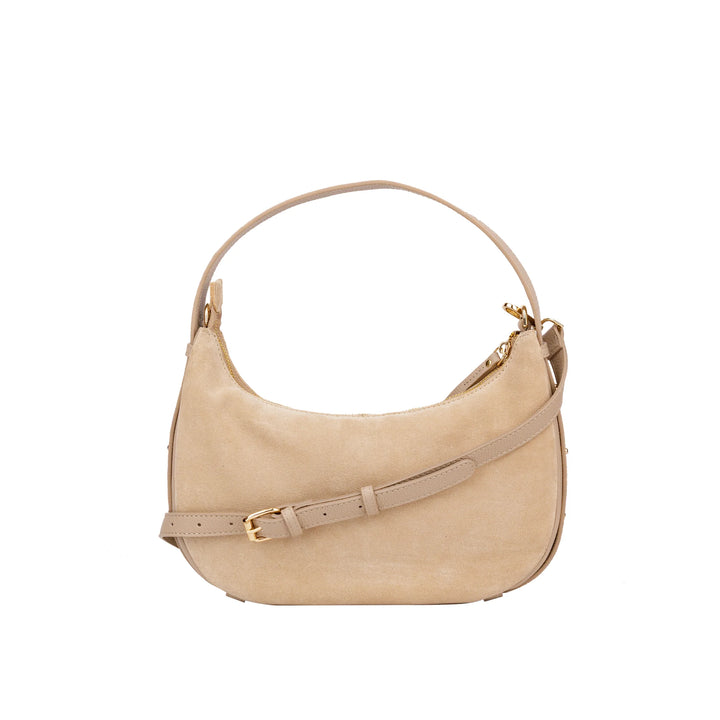 Voorkant met schouderriem Bellicci Rhea kleine suede schoudertas #kleur_beige
