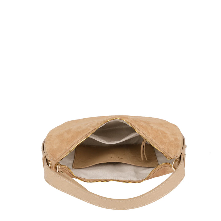 Binnenkant Bellicci Rhea kleine suede schoudertas #kleur_mushroom