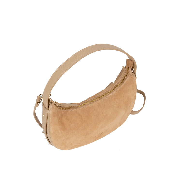 Bovenkant Bellicci Rhea kleine suede schoudertas #kleur_mushroom