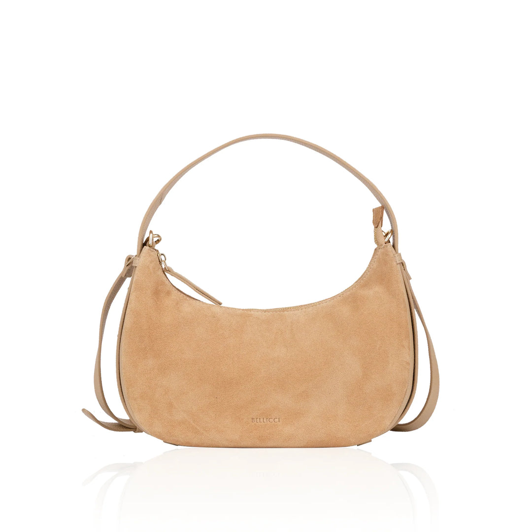 Voorkant Bellicci Rhea kleine suede schoudertas #kleur_mushroom