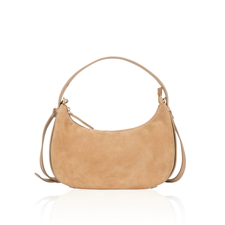 Voorkant Bellicci Rhea kleine suede schoudertas #kleur_mushroom
